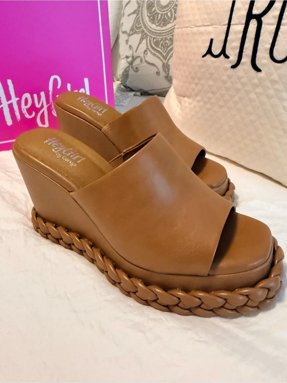 Corkys Brown Braided Platform Slide Wedges